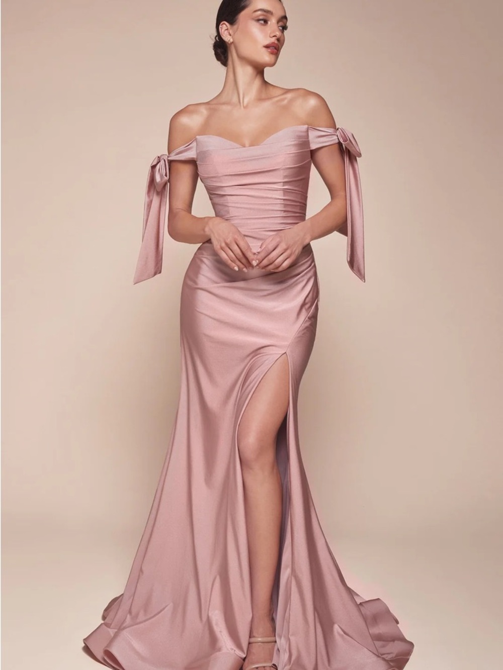Blush Pink Strapless Evening Gown with Side Tie Details